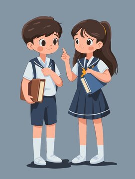 上学的卡通女孩男孩