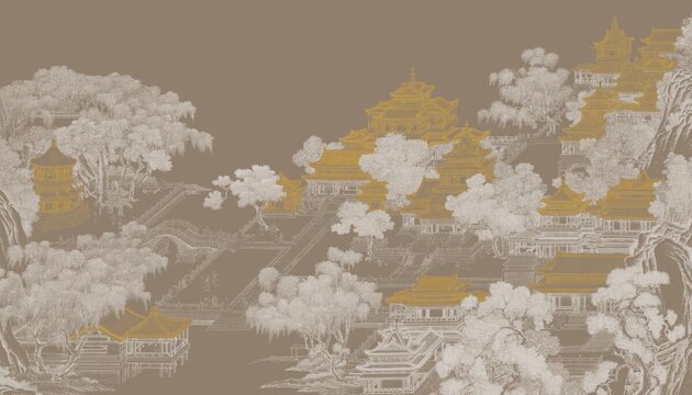 新中式线描山水阁楼背景墙