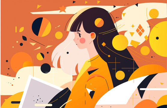 抱着画本的女孩矢量插画