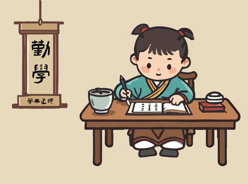 勤学静思手绘矢量古代孩子国学