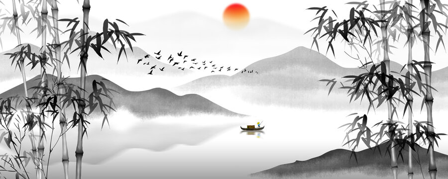 巨幅水墨竹子山水画