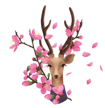 鹿和桃花插画