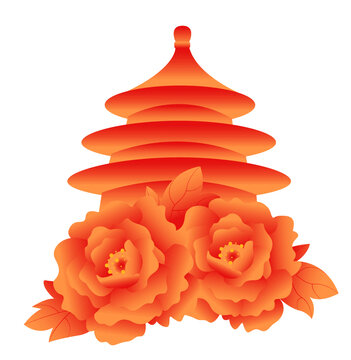 国庆喜庆天坛牡丹红色插画