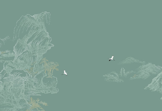 手绘线描描金阁楼山水中式壁画
