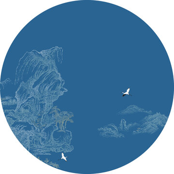 手绘圆形线描描金阁楼山水中式画