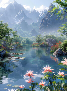 群山河流和鲜花
