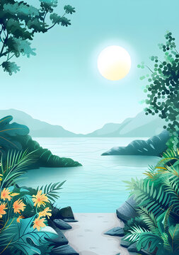 宁静的热带风景：翠绿的植被和宁静的湖泊