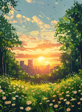 夕阳下的城市公园