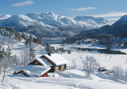 雪山小屋冬景