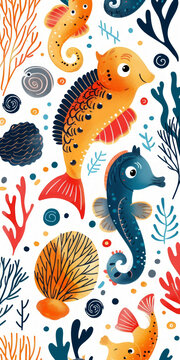 海底可爱卡通海洋生物植物图案