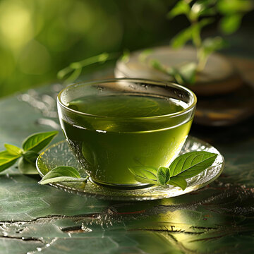 玻璃杯绿茶配茶碟上的绿叶和木桌
