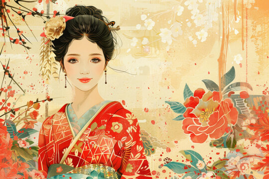身穿红色和服的美丽日本女性，手持白色梅花和牡丹花。