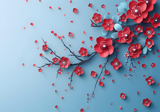 红色和蓝色纸艺花卉在蓝色背景上的插图