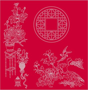 中秋菊花花鸟漏窗图