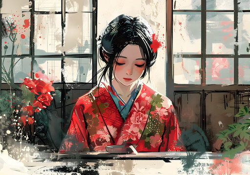 身穿红色和服的女子坐在房间里，房间里有一瓶花。