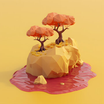 低多边形3D渲染的岛屿与树木
