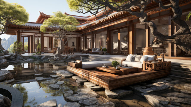 带美丽花园和池塘的四合院