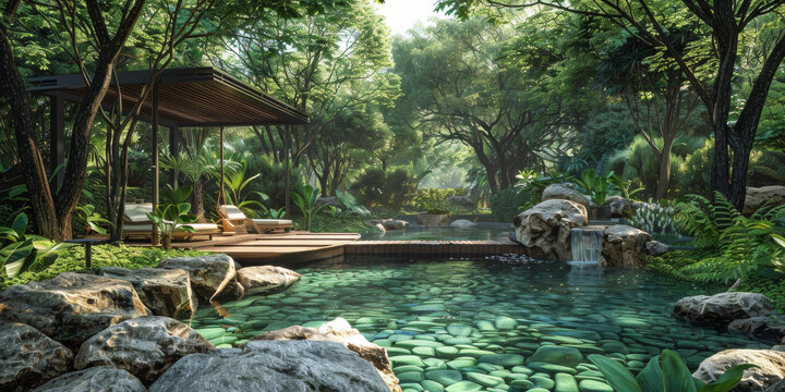 热带绿植环绕泳池的庭院