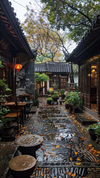 雨中的江南水乡古镇小巷