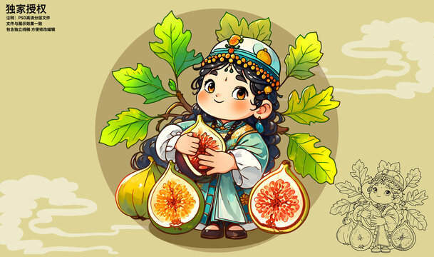 新疆无花果卡通女孩插画