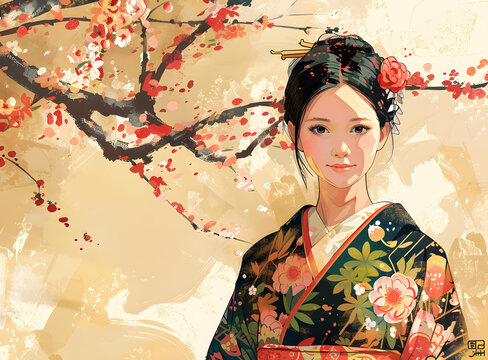 一个身穿和服的美丽日本女人的插图，她站在一片樱花田中。