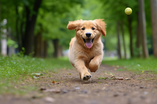 金毛猎犬幼犬在公园里奔跑