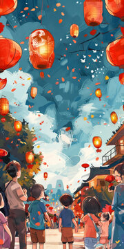 欢乐的春节孩子们在元宵节期间观看花灯