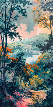 色彩斑斓的树木河流静谧风景