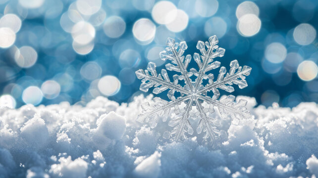 雪花落在白雪皑皑的地面上背景为模糊的蓝色