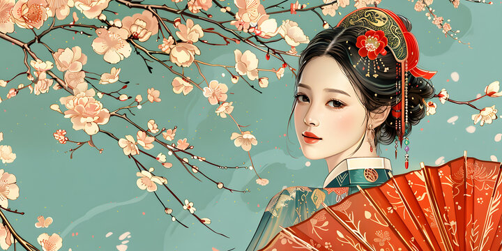 身穿汉服的中国美女站在花丛中