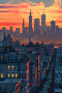 城市剪影与日落余晖的夕阳风景画