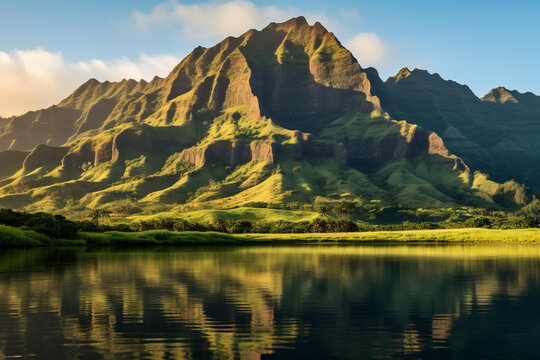 自然之美倒映在如镜湖面上，雄伟壮丽的山景