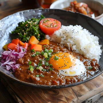 日式咖喱饭配煎蛋和蔬菜