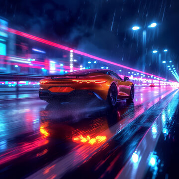 雨夜中的橙色跑车