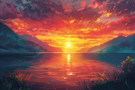 夕阳下的湖泊