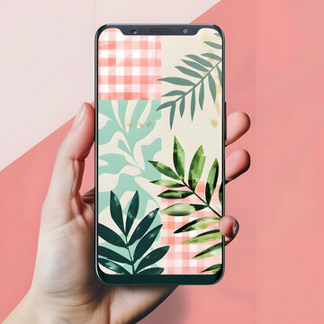 手机壁纸，绿色植物和格子图案
