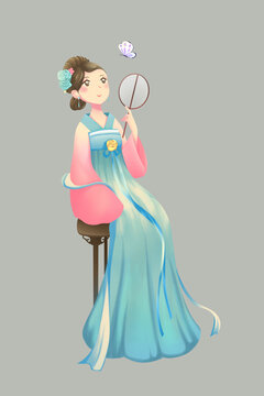 古代美女手持团扇扑蝴蝶插画元素