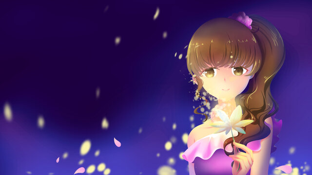 夜晚少女拿着飘散星光的花插画