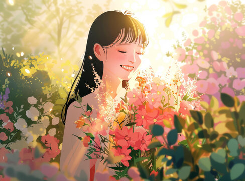 一个年轻女子在花园里闻花香