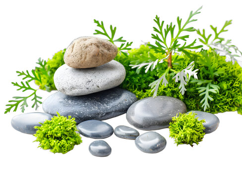 [免抠素材]白色背景上的水疗石和绿色植物