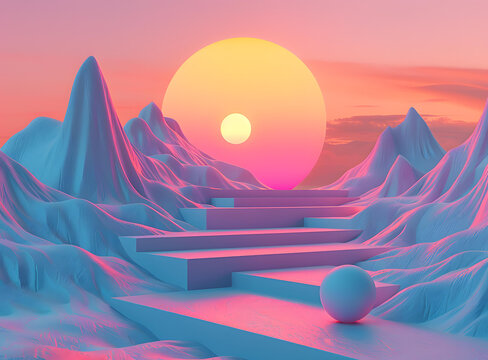 超现实风景的3D渲染，带有一个大球体和一个通向它的楼梯