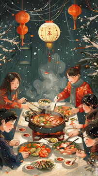 火锅团聚的AI图片