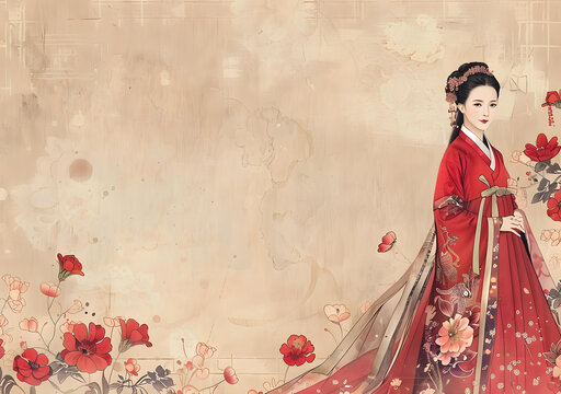 身穿红色汉服的中国古代美女在花丛中翩翩起舞，展现了中国古典服饰的华美与典雅。