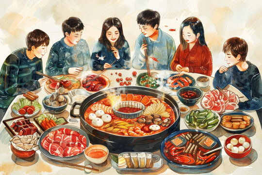 朋友们围坐在桌子旁吃火锅