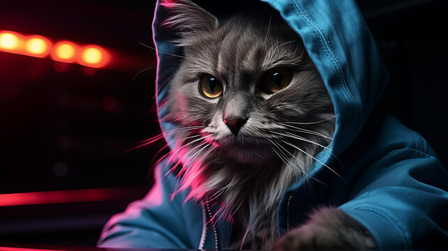戴着蓝色帽衫的灰色猫坐在电脑前