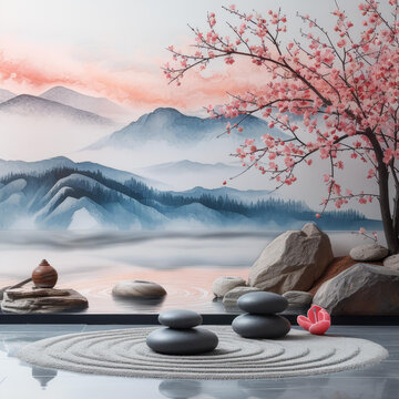一幅描绘了樱花树石头和沙圈的禅宗花园