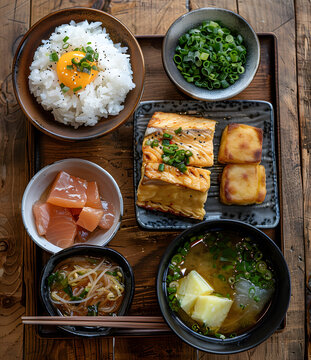 日式料理：木制托盘上的美味佳肴