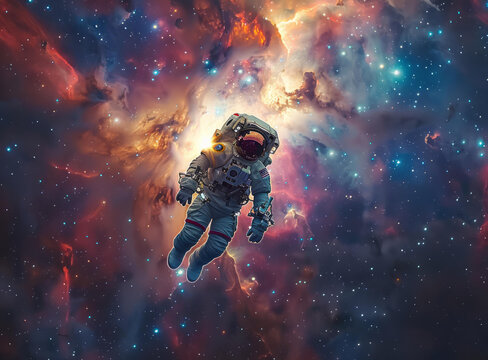 身穿太空服的宇航员在浩瀚的宇宙中飞行