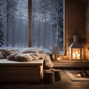 在白雪皑皑的森林中俯瞰一览无余的舒适小屋