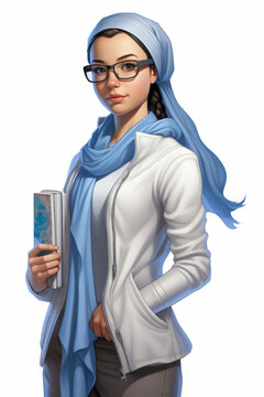 戴着头巾和眼镜的年轻女子手捧一本书